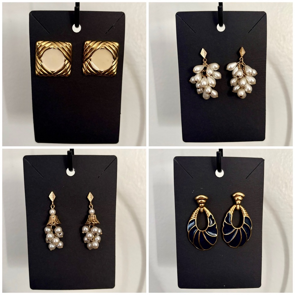 Vintage Gold and Pearl Cluster Drop Earrings Set